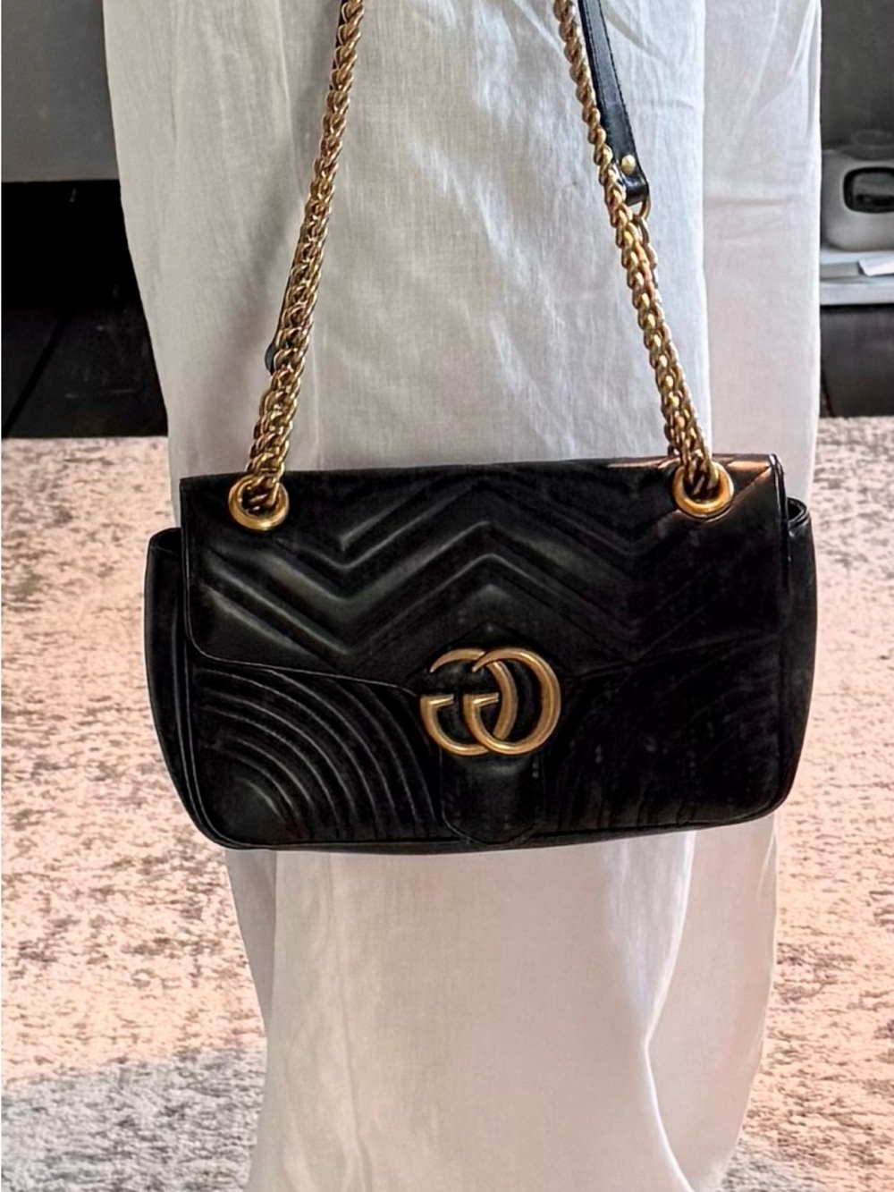 Gucci Marmont Matelassé Black Leather Shoulder Bag, Antique Gold Chain - Picture 11 of 11